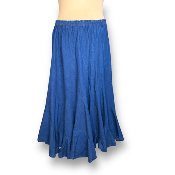 90s Alfredo’s Wife Denim Maxi Skirt Blue Tiered Flowy Boho Medium Wash Jean - Picture 2 of 9